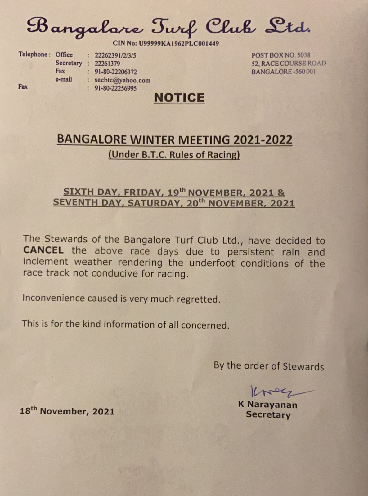 BANGALORE RACING CANCELLED AGAIN